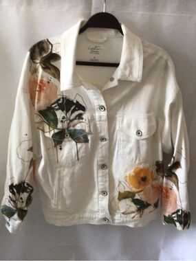 Anthropology White Floral Painted Denim Jacket